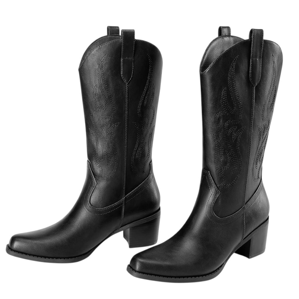 DREAM PAIRS Women's Square Toe Cowboy Mid Calf Western Boots Black Vegan Leather